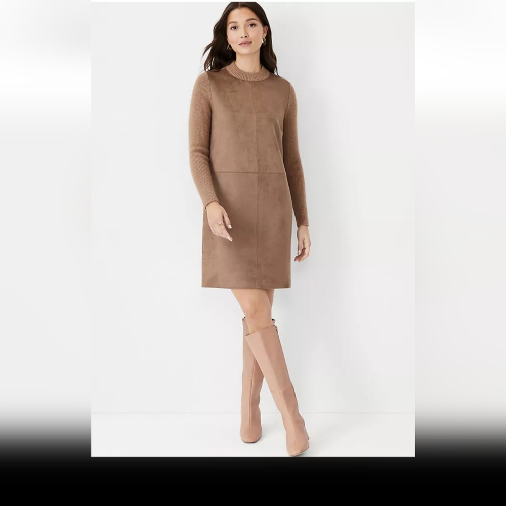 ANN TAYLOR Camel Brown Faux Suede Mixed Media Sweater Dress xs